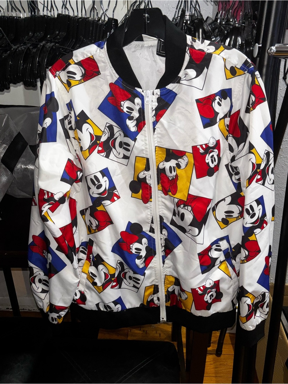 Disney White Minnie Mouse Print Bomber Jacket with Black Trim